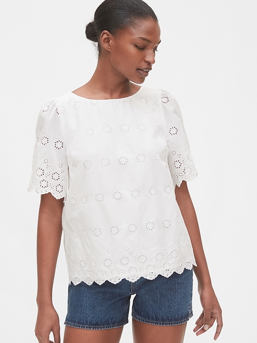 1 of 8 showing, with the color fresh white of product Eyelet Scalloped Top
