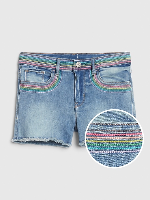 Image number 1 showing, Kids Embroidered Patch High Rise Denim Shorts