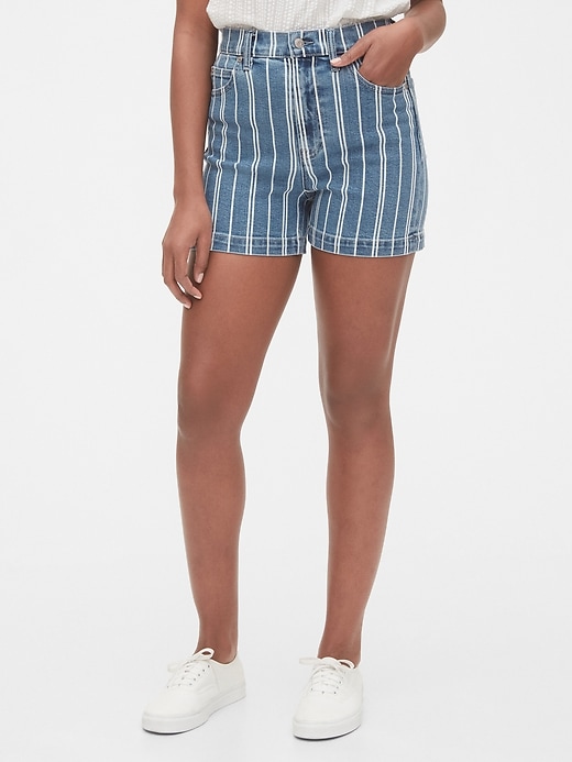 1 of 8 showing, with the color medium wash of product 5" High Rise Mom Shorts