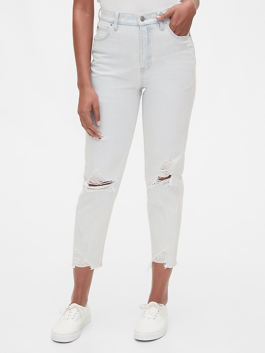 1 of 8 showing, with the color light destroy of product High Rise Destructed Mom Jeans