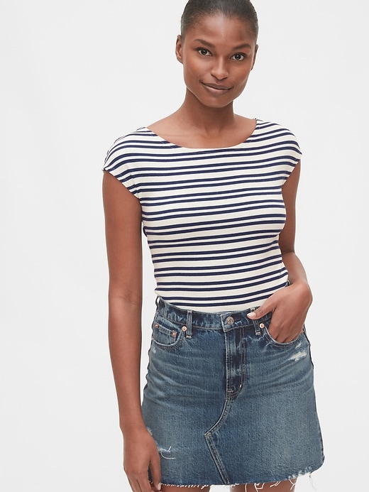 1 of 8 showing, with the color navy blue & white stripe of product Modern Boatneck Striped T-Shirt