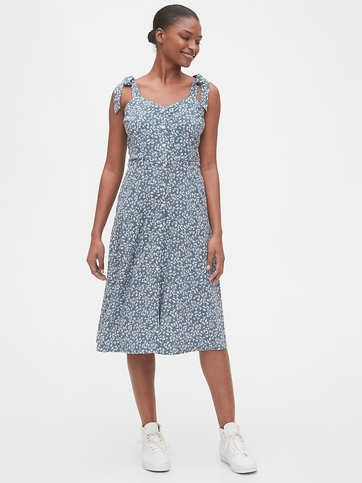 1 of 8 showing, with the color blue floral of product Tie-Strap Cami Midi Dress