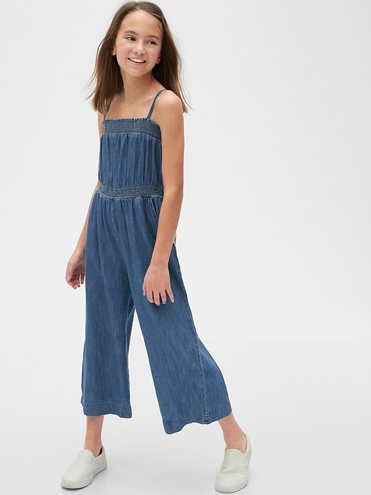 2 of 8 showing, with the color deep blue wash of product Denim Wide Leg Crop Jumpsuit