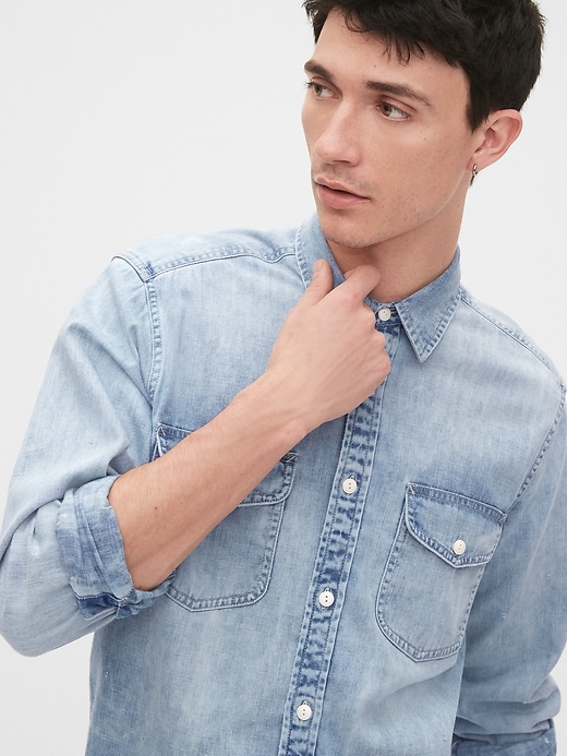 1 of 8 showing, with the color light wash indigo of product Denim Shirt in Standard Fit