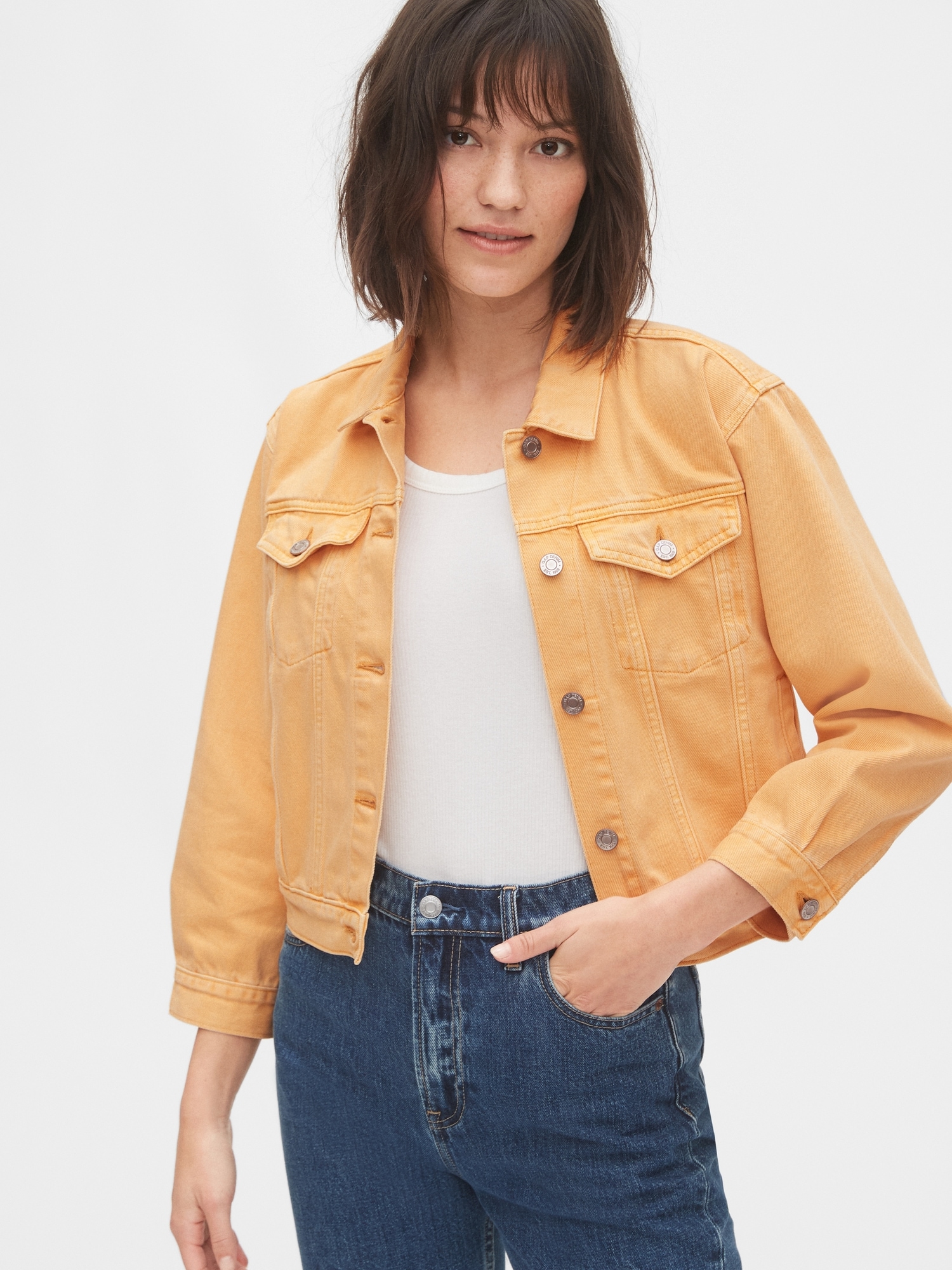 orange cropped jean jacket