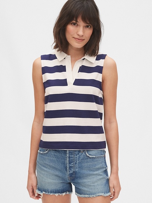 1 of 8 showing, with the color navy blue & white stripe of product Sleeveless Rugby Polo Shirt