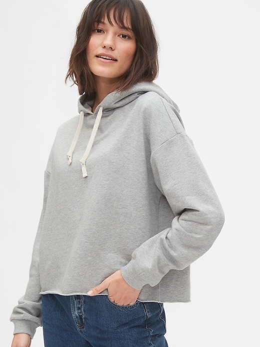 1 of 8 showing, with the color heather grey of product Vintage Soft Crop Pullover Hoodie with Raw Hem