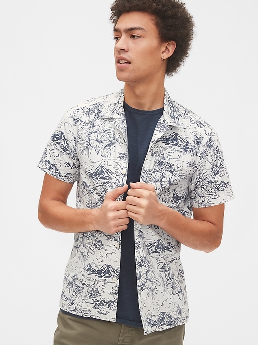 1 of 8 showing, with the color malibu of product Print Denim Shirt