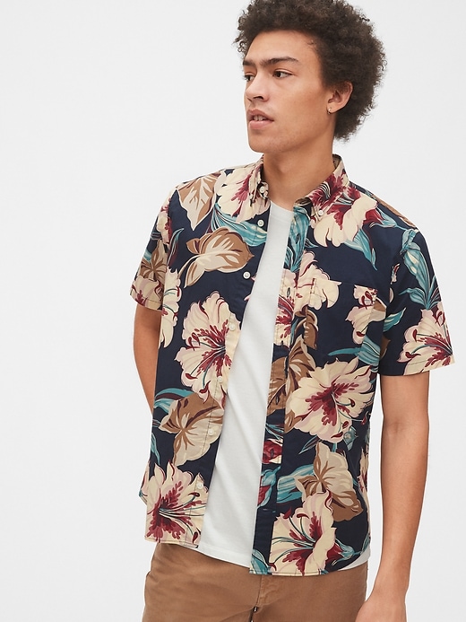 1 of 8 showing, with the color navy large floral of product Stretch Poplin Shirt