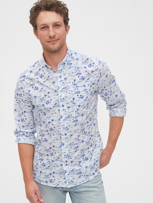1 of 8 showing, with the color tropical print blue of product Lived-In Stretch Poplin Shirt