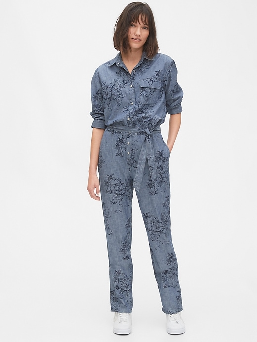1 of 8 showing, with the color Hawaiian floral print of product Print Denim Jumpsuit