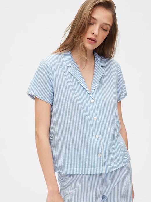 1 of 8 showing, with the color blue seersucker of product Adult PJ Shirt in Poplin