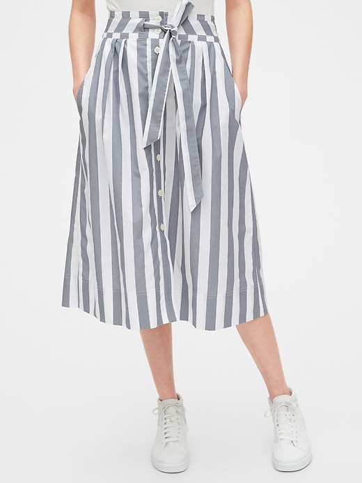Image number 1 showing, Tie-Belt Button-Front Stripe Midi Skirt