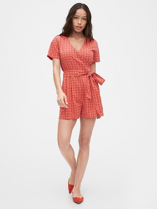 1 of 8 showing, with the color pink coral pineapple print of product Wrap-Front Print Romper