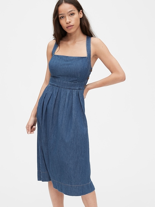 denim apron midi dress