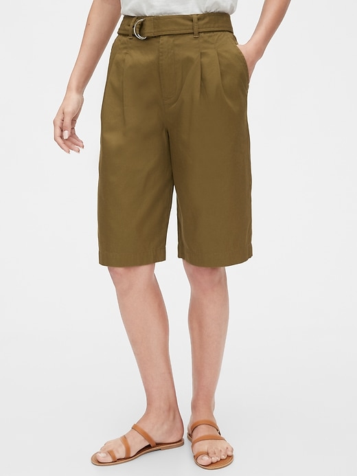 1 of 8 showing, with the color olive green of product High Rise Belted Bermuda Shorts