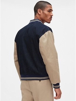 Vintage denim varsity online jacket with khaki sleeves