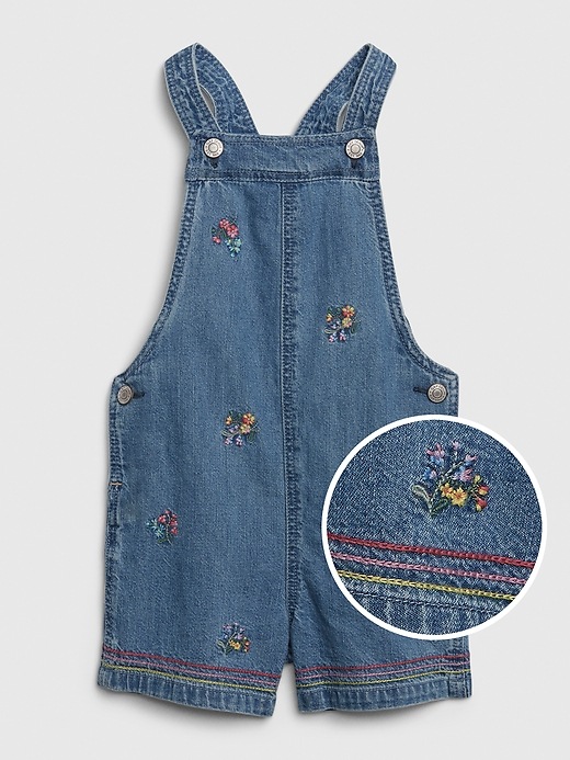 Image number 1 showing, Toddler Floral Embroidered Denim Shortalls