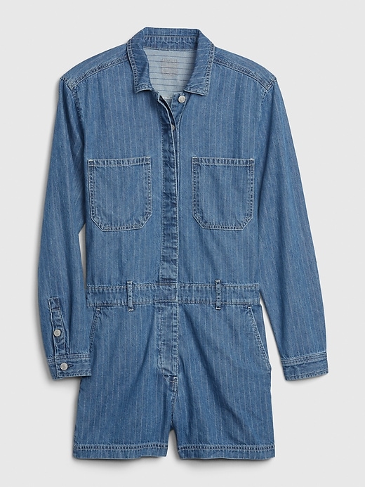 2 of 8 showing, with the color blue pinstripe of product Denim Utility Romper