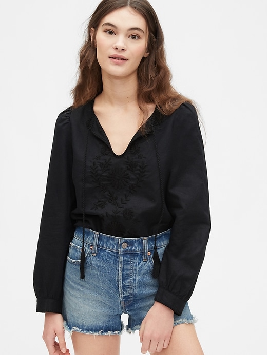 1 of 8 showing, with the color true black of product Embroidered Tie-Front Top in Linen-Cotton