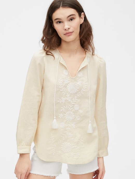1 of 8 showing, with the color beige of product Embroidered Tie-Front Top in Linen-Cotton
