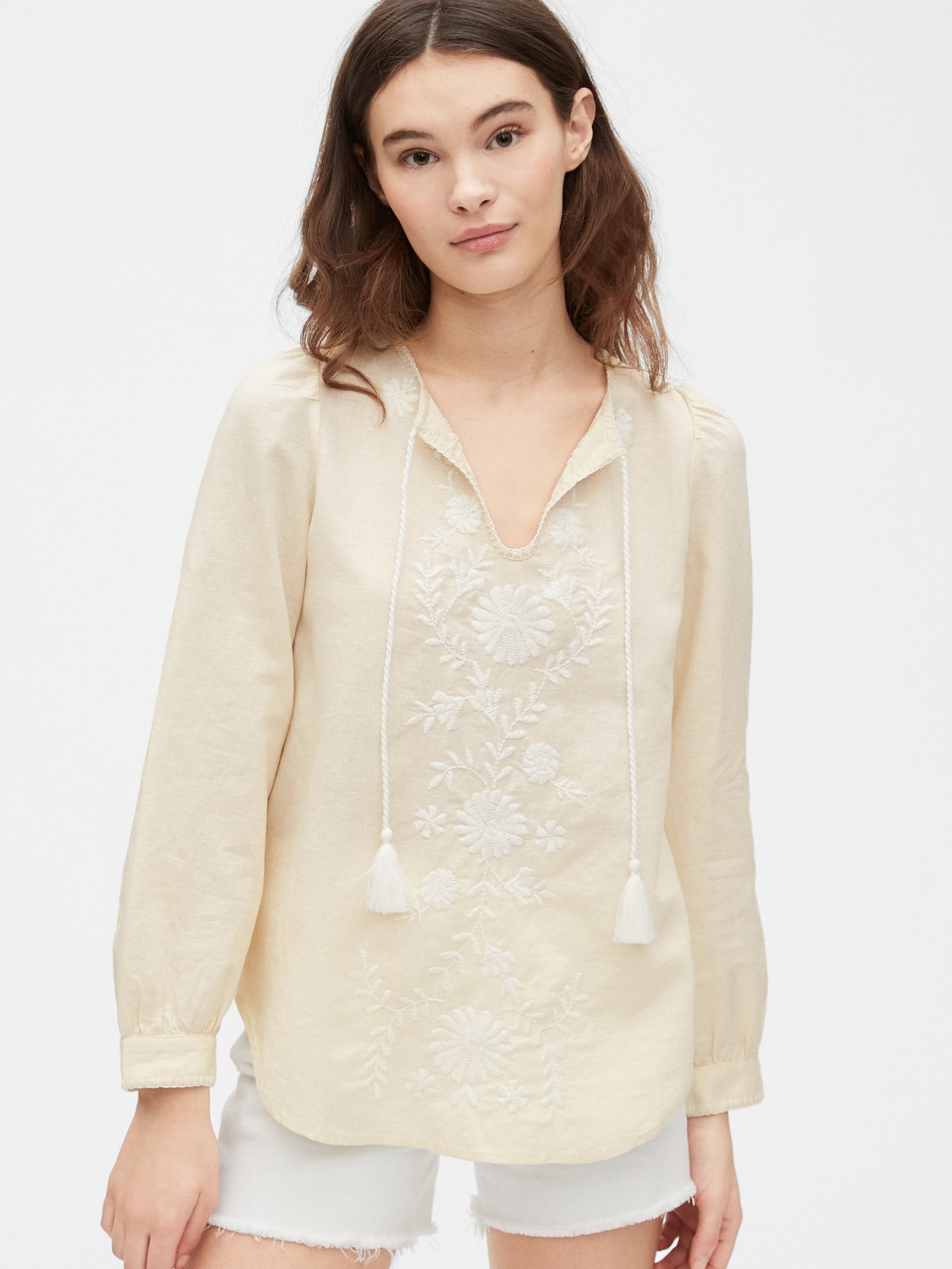 Embroidered TieFront Top in LinenCotton Gap