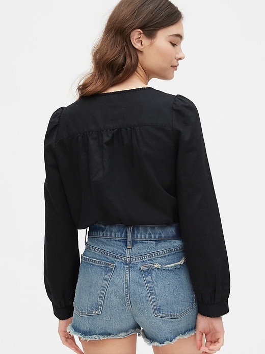 2 of 8 showing, with the color true black of product Embroidered Tie-Front Top in Linen-Cotton