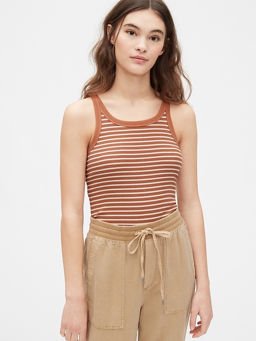 View large product image 1 of 1. Striped Ribbed Halter Tank Top