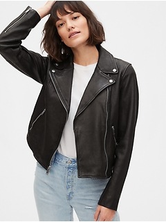 gap blue jeans leather jacket