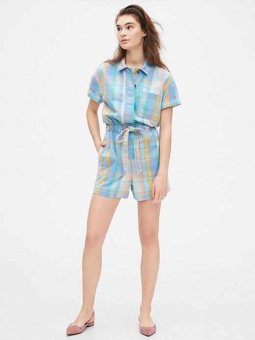 1 of 8 showing, with the color madras multi plaid of product Short Sleeve Plaid Romper