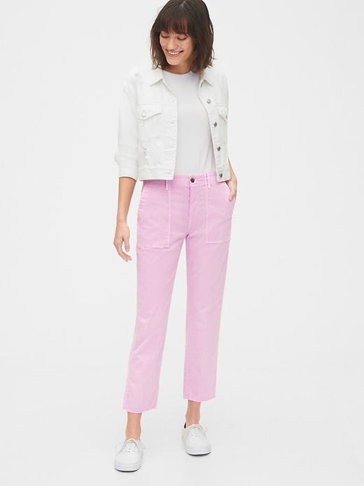 1 of 8 showing, with the color pale lilac of product High Rise Utility Khaki Pants with Raw Hem