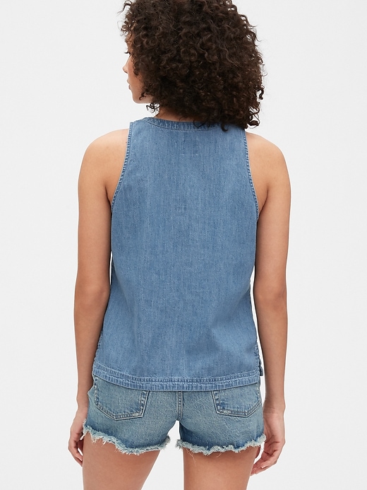 2 of 8 showing, with the color medium indigo of product Sleeveless Denim Top with Washwell™