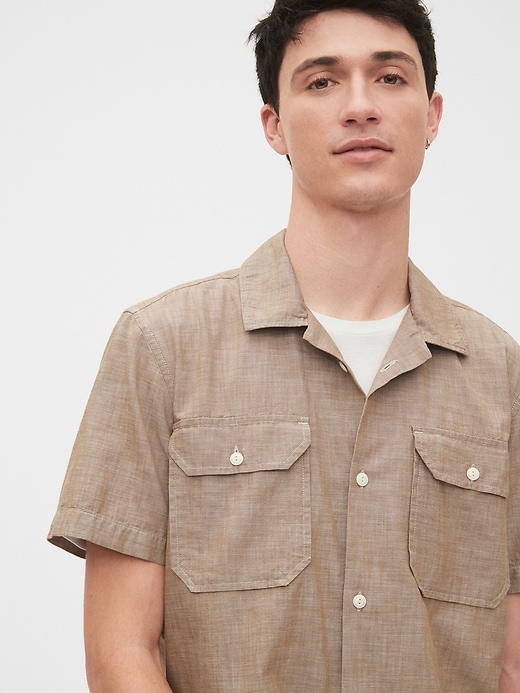 1 of 8 showing, with the color safari khaki of product Chambray Worker Shirt in Standard Fit