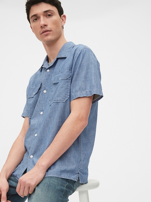 1 of 8 showing, with the color blue crush of product Chambray Worker Shirt in Standard Fit