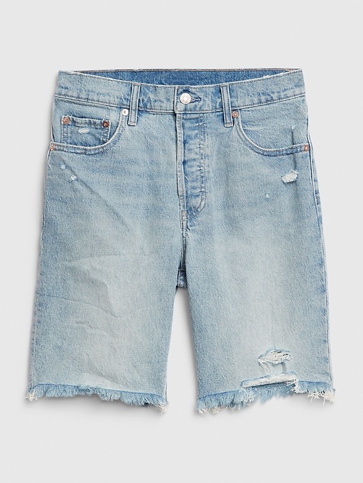 1 of 8 showing, with the color light indigo of product High Rise Distressed Bermuda Shorts