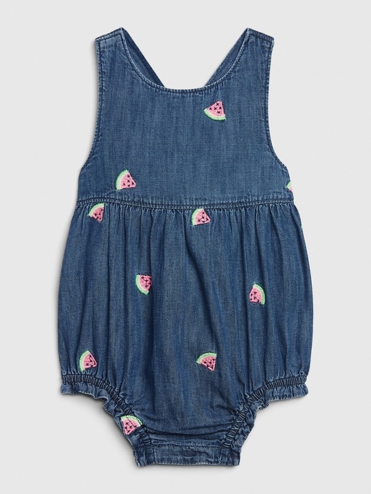 1 of 8 showing, with the color dark wash of product Baby Watermelon Bubble Denim One-Piece