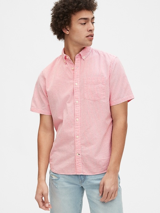 1 of 8 showing, with the color new coral stripe of product Seersucker Short Sleeve Shirt