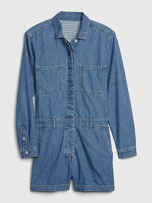 1 of 8 showing, with the color blue pinstripe of product Denim Utility Romper
