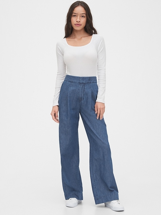 1 of 8 showing, with the color medium indigo of product High Rise Wide-Leg Pants