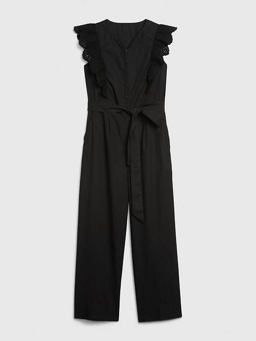 1 of 8 showing, with the color true black of product Eyelet Ruffle Sleeve Jumpsuit in Poplin