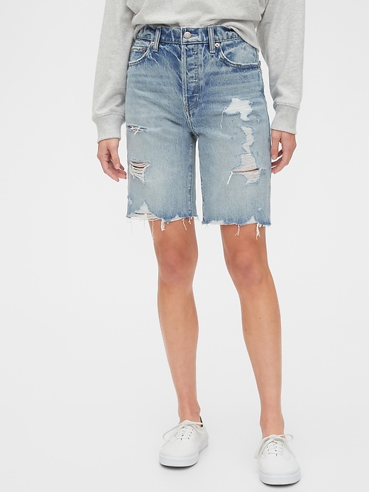 Image number 3 showing, High Rise Destructed Denim Bermuda Shorts