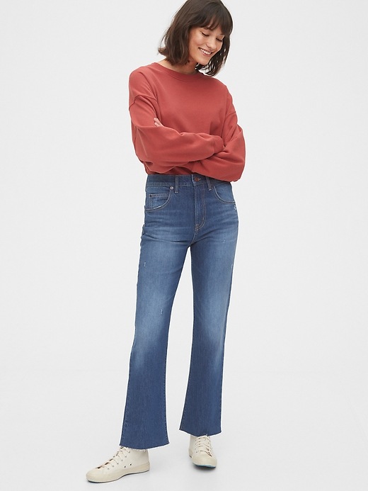 1 of 8 showing, with the color dark indigo of product High Rise Ankle Flare Jeans