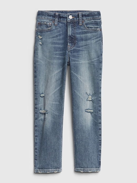 2 of 8 showing, with the color medium wash of product Kids High Rise Destructed Cheeky Straight Jeans