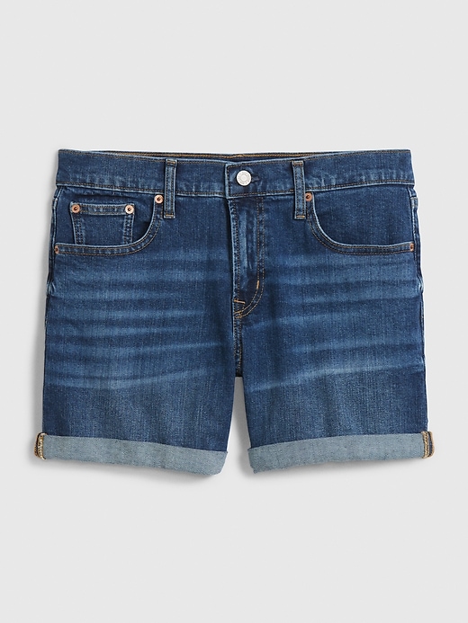 1 of 8 showing, with the color dark indigo of product 5" Mid Rise Denim Shorts