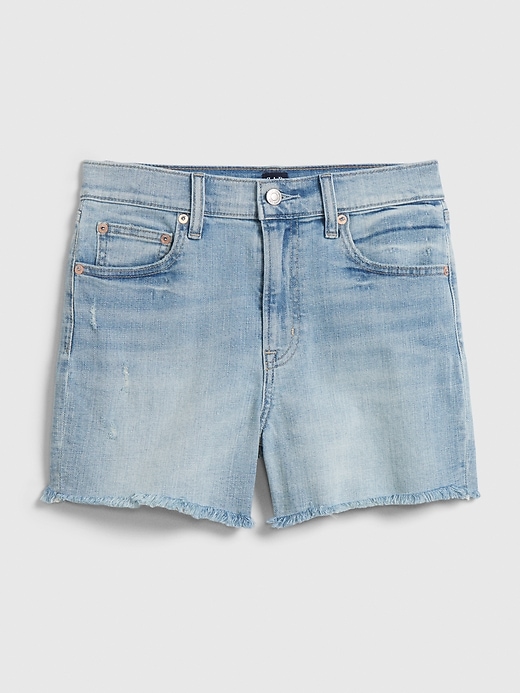 1 of 8 showing, with the color light indigo of product 4" High Rise Denim Shorts With Raw Hem