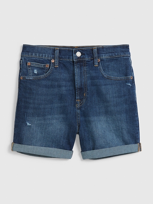 1 of 8 showing, with the color dark indigo of product 4" High Rise Denim Shorts