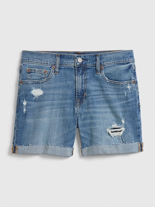 1 of 8 showing, with the color medium destructed of product 5" Mid Rise Distressed Denim Shorts