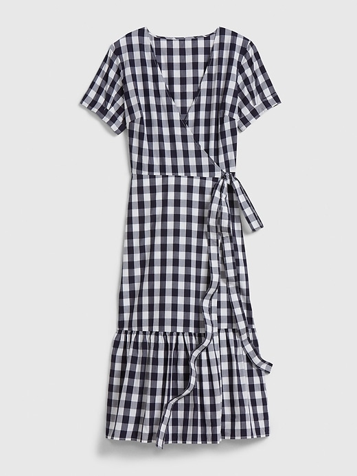 1 of 8 showing, with the color navy blue gingham of product Gingham Wrap Midi Dress