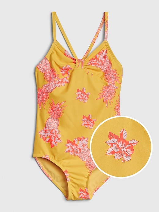 1 of 8 showing, with the color yellow flowers of product Kids Floral Ruche Swim One-Piece