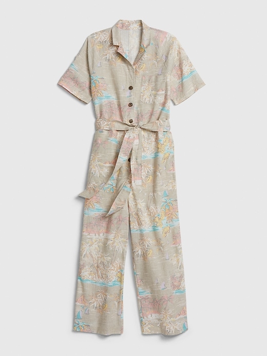1 of 8 showing, with the color multi color tropical floral of product Utility Jumpsuit in Linen-Cotton